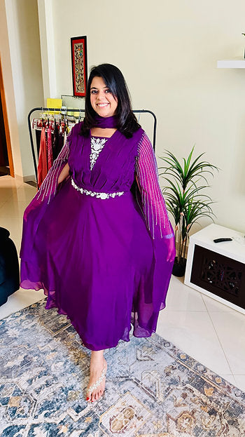 Purple Gown with dramtic sleeves and dupatta