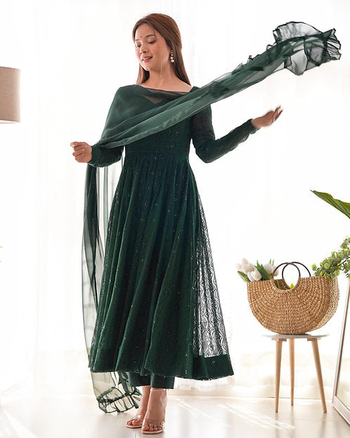 Dark Green Sequence Anarkali Suit with Dupatta