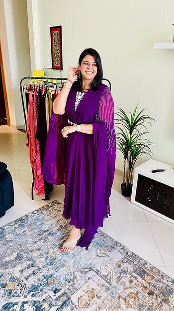 Purple Gown with dramtic sleeves and dupatta