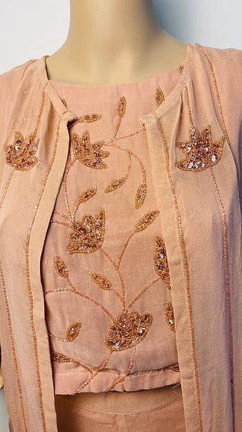 Peach Designer 3 Piece Crop Top Sharara Set with Shrug
