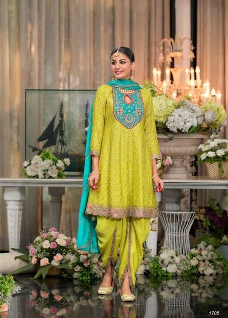 Green Yellow Multi Heavy Embroidery Designer Wedding Wear Dhoti Style Suit