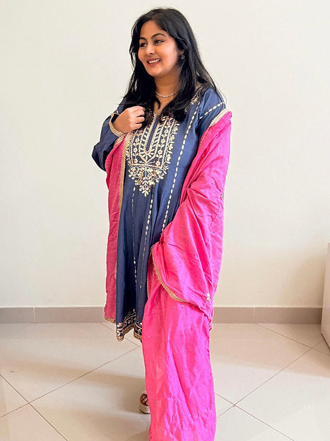 Festive Blue Gotta Suit With Tulip Pants And Contrast Pink Dupatta