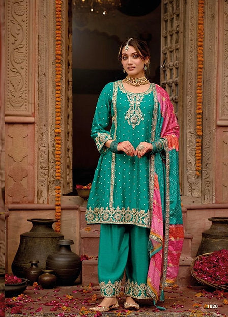 Jumeirah Jalsa Teal Green Embroidery Peplum Style Palazzo Suit Wedding Wear