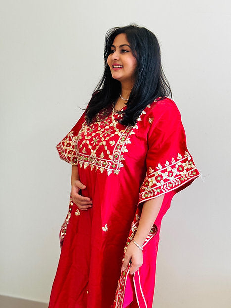 Red Golden Shimmer Crepe Gotta Kaftan Co-ord Set