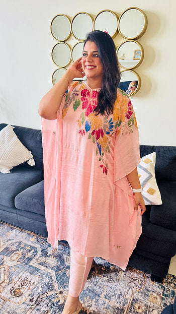 Jumeirah Rose Baby Pink Embroidered Print Kaftan Set
