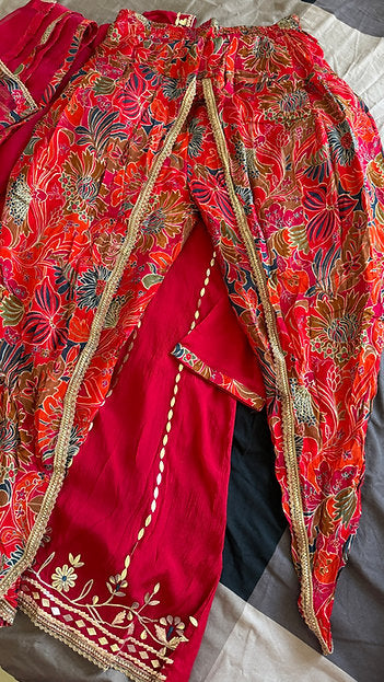 Festive Red Gotta Suit With Printed Tulip Pants And Dupatta