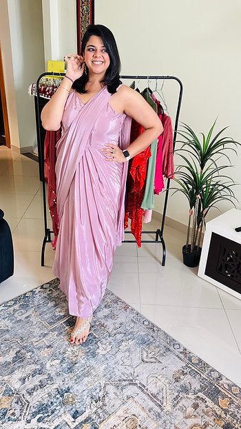 Pastel Pink Indo Western Gown-Half Saree With Embroidered Cape