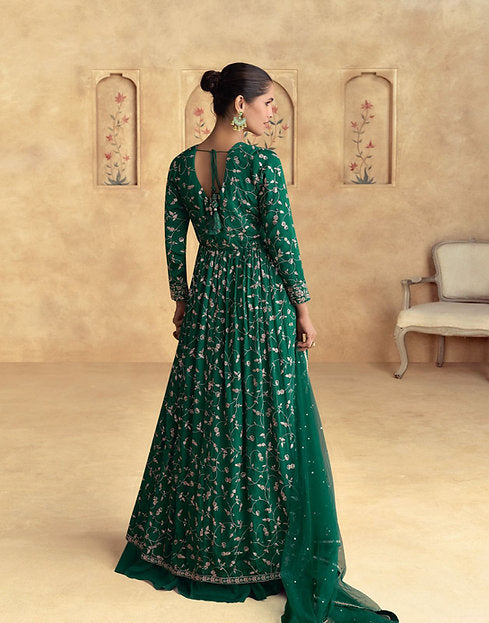 Emerald Green Festive Anarkali Gown with Heavy Golden Embroidery