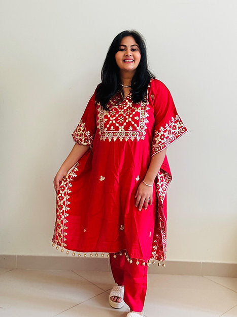 Red Golden Shimmer Crepe Gotta Kaftan Co-ord Set