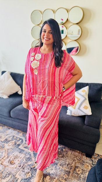 Printed Pink Embroidered Kaftan Set
