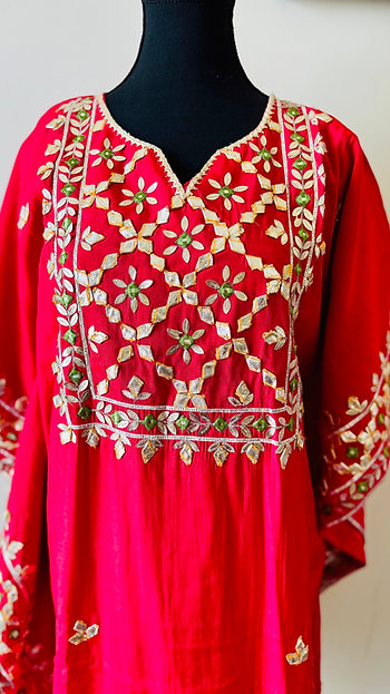 Red Golden Shimmer Crepe Gotta Kaftan Co-ord Set