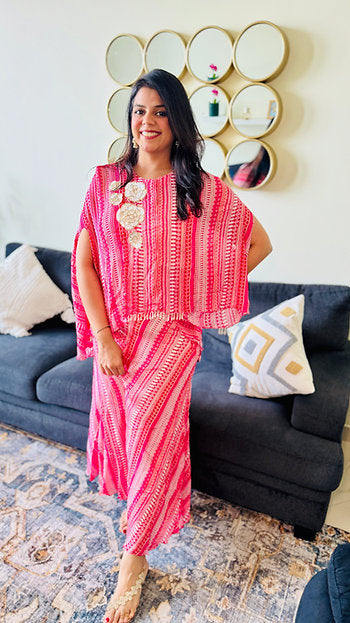 Printed Pink Embroidered Kaftan Set