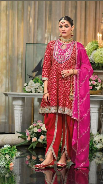 Bur Dubai Bijou Bridal Red Embroidered Designer Wedding Wear Dhoti Style Suit