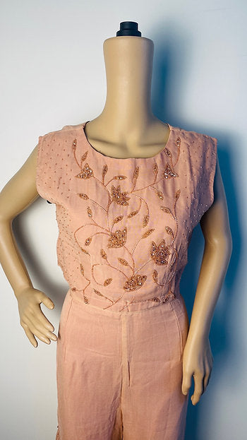 Peach Designer 3 Piece Crop Top Sharara Set with Shrug