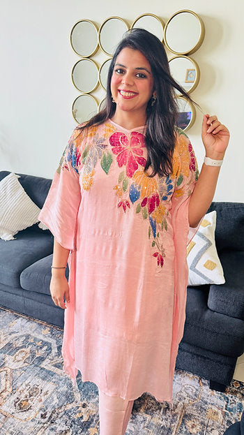 Jumeirah Rose Baby Pink Embroidered Print Kaftan Set