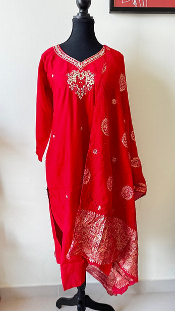 Laal Liwa Festive Red Straight Pant Suit with Gotta Patti Embroidery