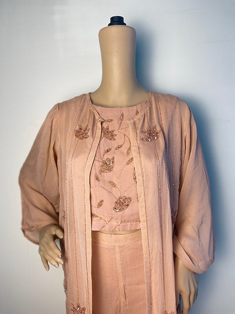 Peach Designer 3 Piece Crop Top Sharara Set with Shrug