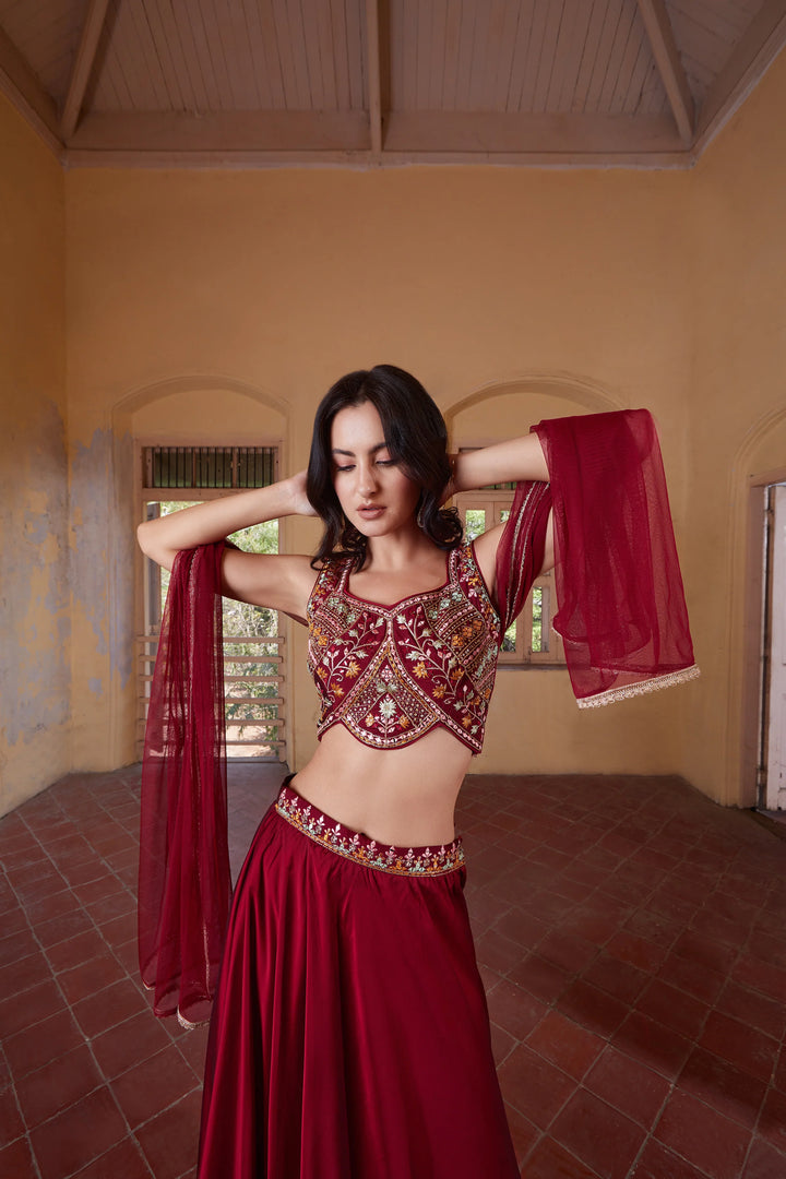 Marsa Majesty Readymade Festive Hand Embroidered Maroon Lehenga Choli