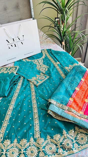 Jumeirah Jalsa Teal Green Embroidery Peplum Style Palazzo Suit Wedding Wear