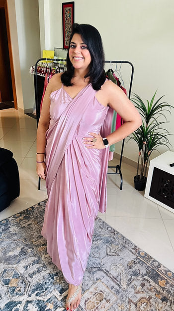 Pastel Pink Indo Western Gown-Half Saree With Embroidered Cape