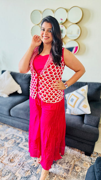 Rani Pink 3 Piece Indo Western Jacket Style Palazzo Party Wear Set