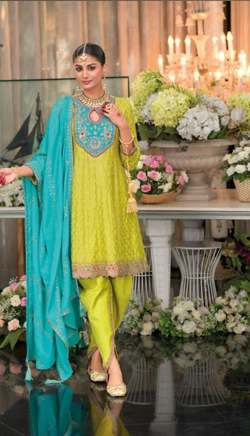 Green Yellow Multi Heavy Embroidery Designer Wedding Wear Dhoti Style Suit