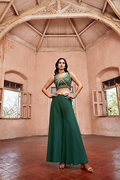 Zabeel Gardenia Multi Embroidered Crop Top and Palazzo Set With Cape