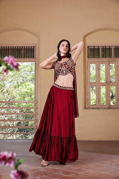 Marsa Majesty Readymade Festive Hand Embroidered Maroon Lehenga Choli