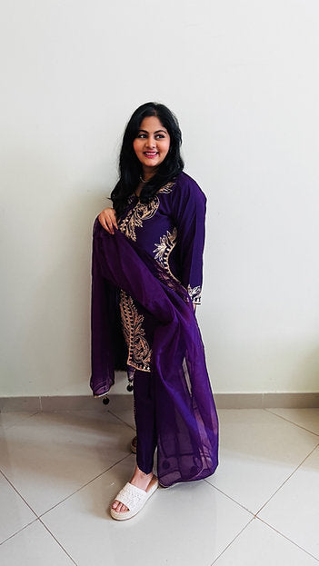 Royal Purple oud Party Wear Gotta Jacket Style Suit with Tulip Pants
