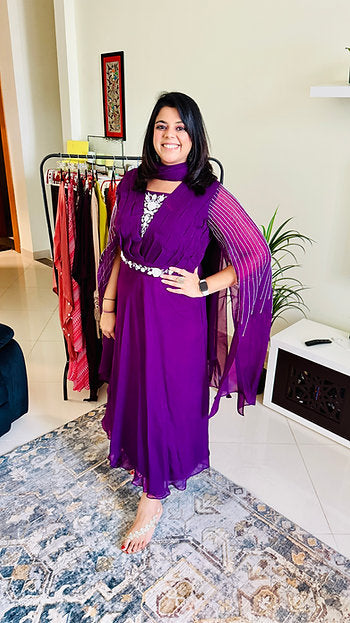 Purple Gown with dramtic sleeves and dupatta