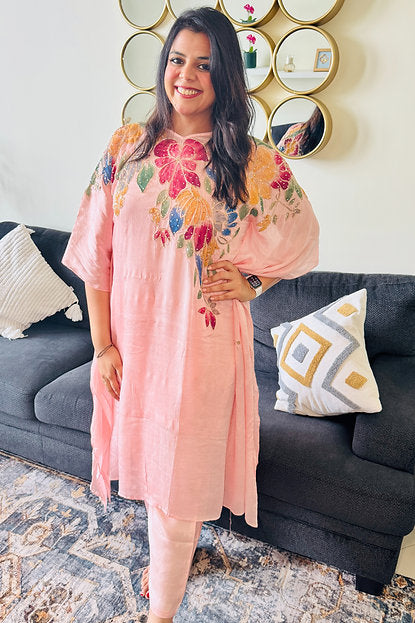 Jumeirah Rose Baby Pink Embroidered Print Kaftan Set