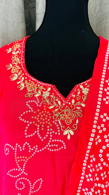 Pink Crepe Zari Embroidered Bandhani Printed Straight Pant Suit Festive Wear