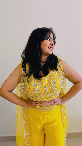 Golden Karak Yellow Crop Top Embroidered Shrug with Palazzo Wedding Wear
