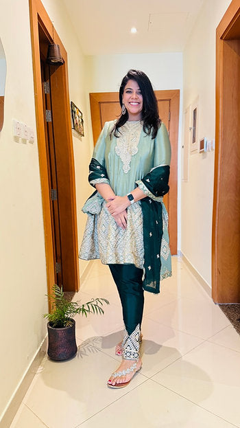 Mint Majlis Green Embroidered Anarkali Palazzo Suit Party Wear