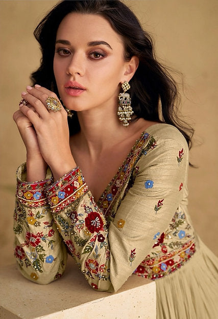 Beige Embroidered Festive Gown with Red Bandhej Dupatta