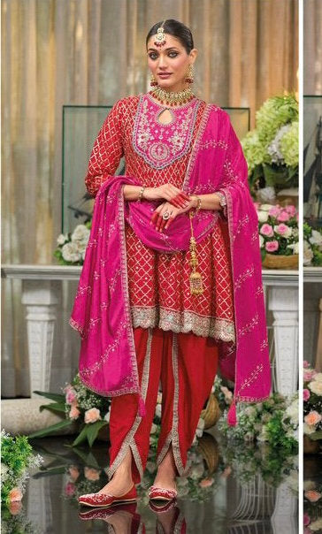 Bur Dubai Bijou Bridal Red Embroidered Designer Wedding Wear Dhoti Style Suit