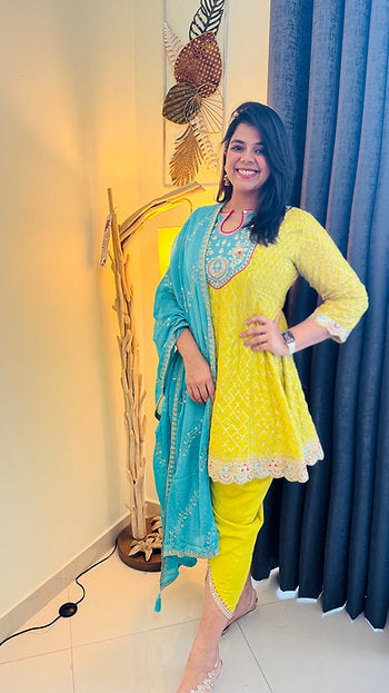 Green Yellow Multi Heavy Embroidery Designer Wedding Wear Dhoti Style Suit