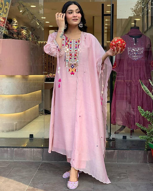 Diera Dhamaka Cotton Silk Baby Pink Embroidered Indian Suit