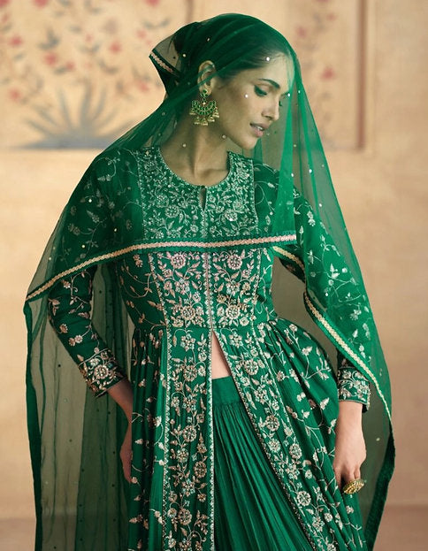 Emerald Green Festive Anarkali Gown with Heavy Golden Embroidery
