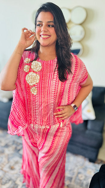 Printed Pink Embroidered Kaftan Set