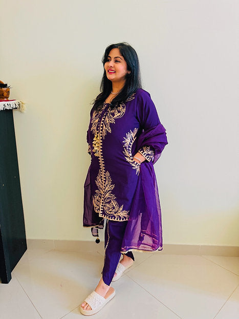Royal Purple oud Party Wear Gotta Jacket Style Suit with Tulip Pants