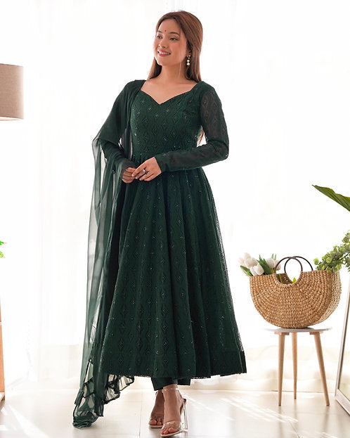Dark Green Sequence Anarkali Suit with Dupatta