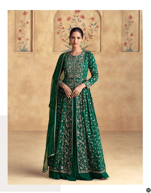 Emerald Green Festive Anarkali Gown with Heavy Golden Embroidery