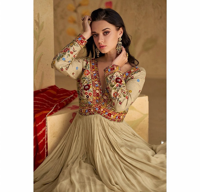 Beige Embroidered Festive Gown with Red Bandhej Dupatta