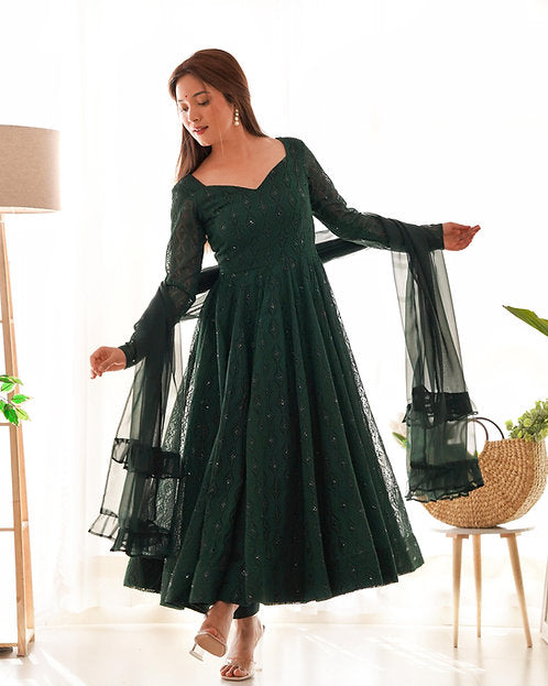 Dark Green Sequence Anarkali Suit with Dupatta