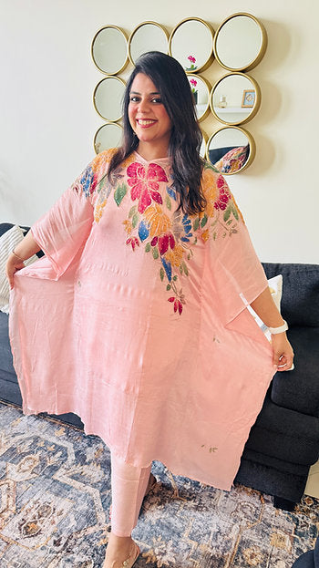 Jumeirah Rose Baby Pink Embroidered Print Kaftan Set