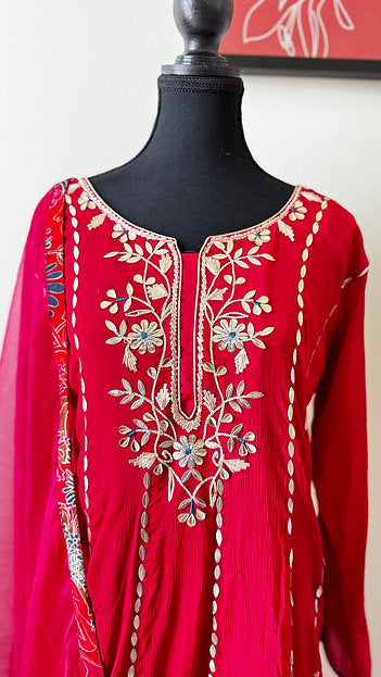 Festive Red Gotta Suit With Printed Tulip Pants And Dupatta