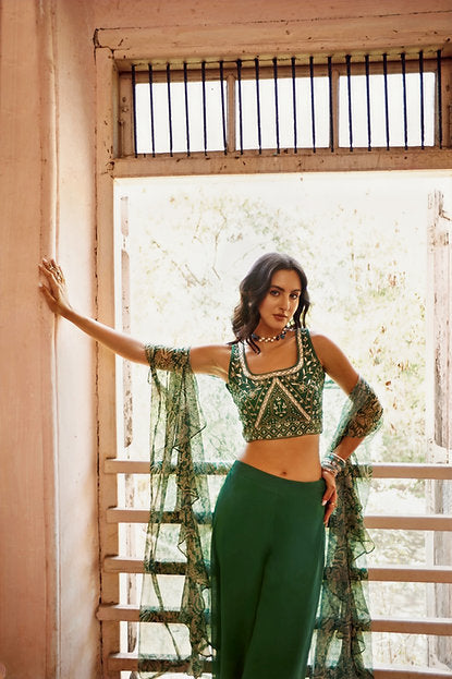 Zabeel Gardenia Multi Embroidered Crop Top and Palazzo Set With Cape