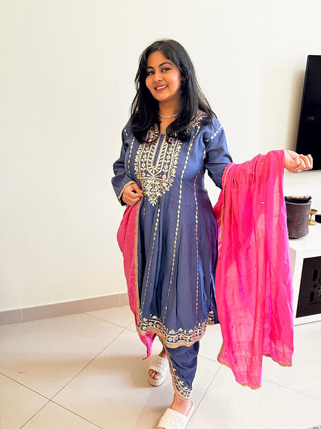 Festive Blue Gotta Suit With Tulip Pants And Contrast Pink Dupatta