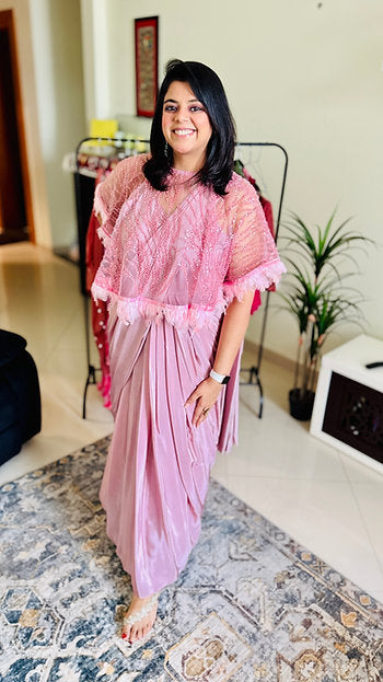 Pastel Pink Indo Western Gown-Half Saree With Embroidered Cape